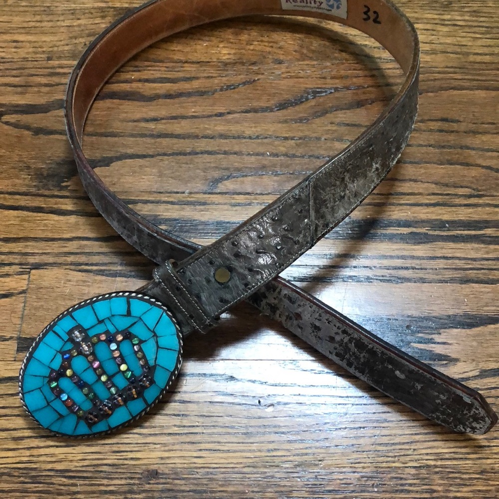 Distressed Leather Belt with  Mosaic Buckle